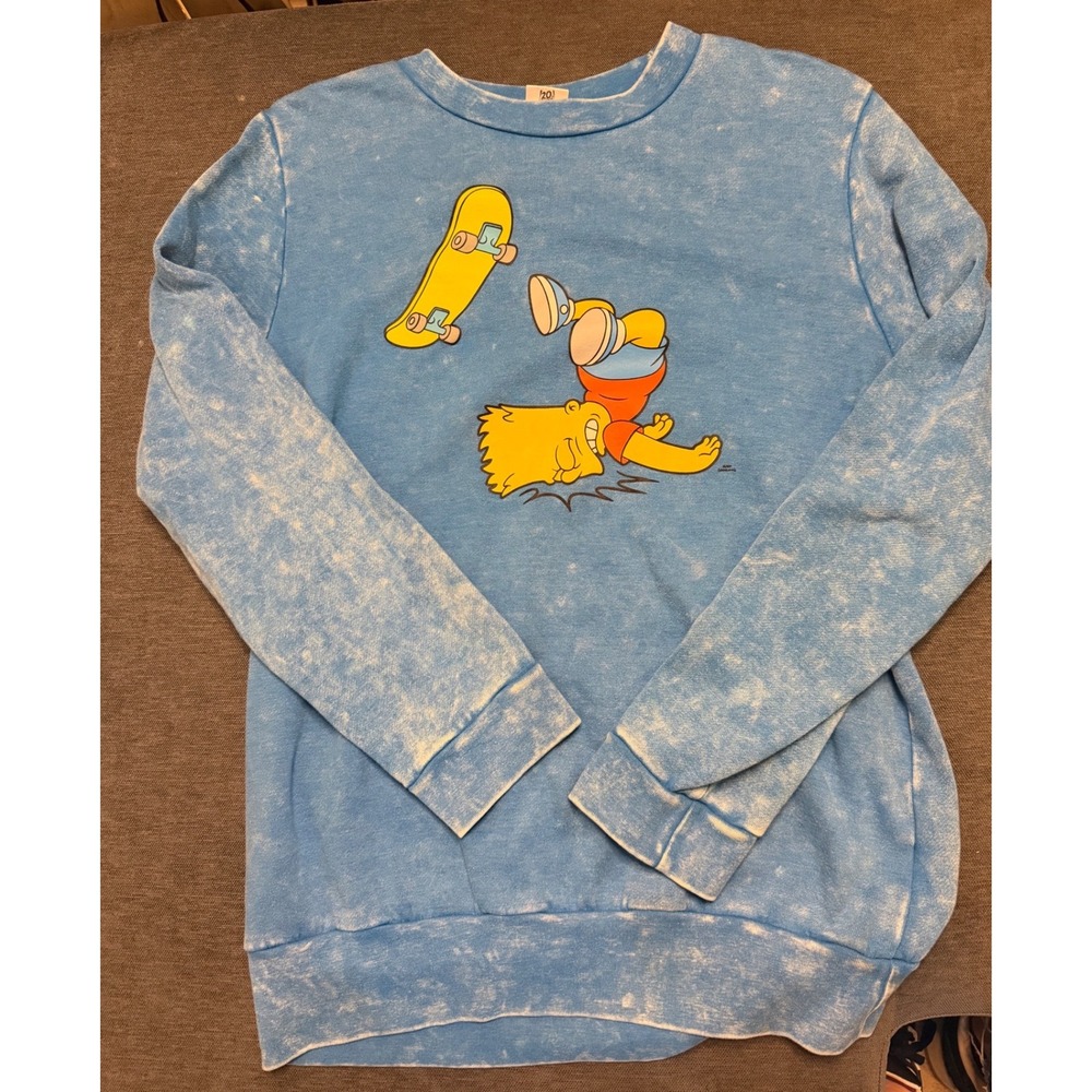 The Simpsons Bart Simpson Skateboard Graphic Sweatshirt Blue Acid Wash XL Mens
